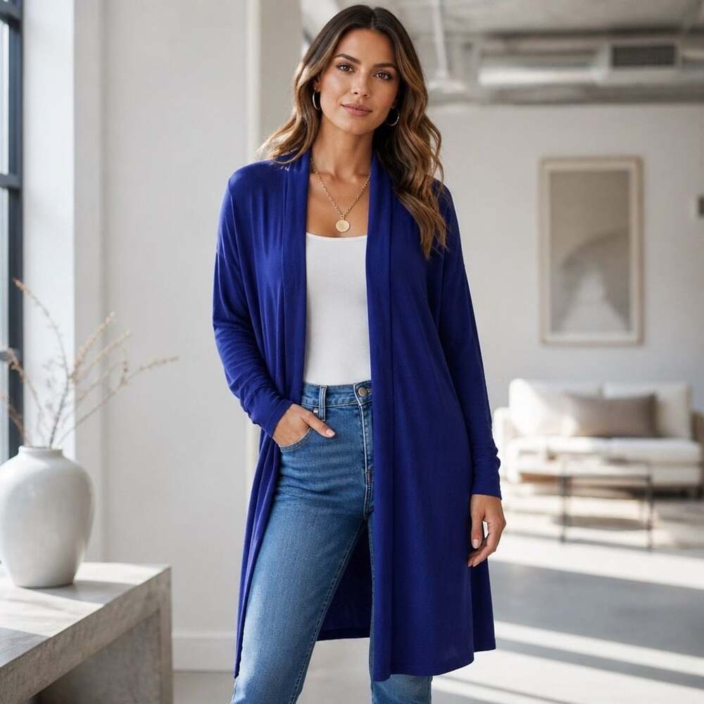 Dressing Audy Women's Solid Long Sleeve Open Front Lightweight Duster Cardigan